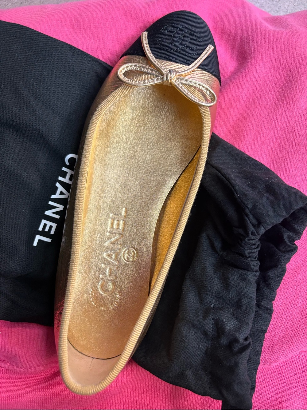 CHANEL Metallic Gold Ballet Flat with Black Cap Toe and Bow
